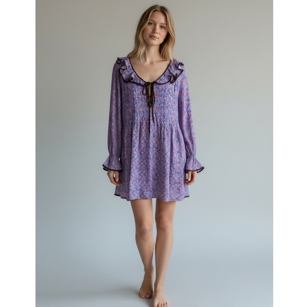 FREE PEOPLE Blossom Baby Doll Mini Dress Sz S Ditzy Floral Boho Romantic Indie